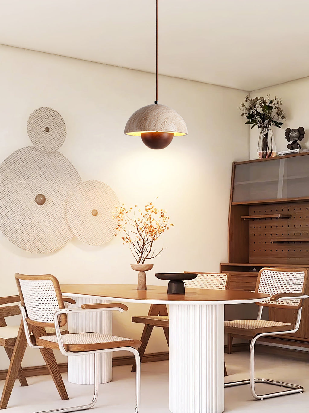 Suspension moderne Cob en Noyer et travertin jaune