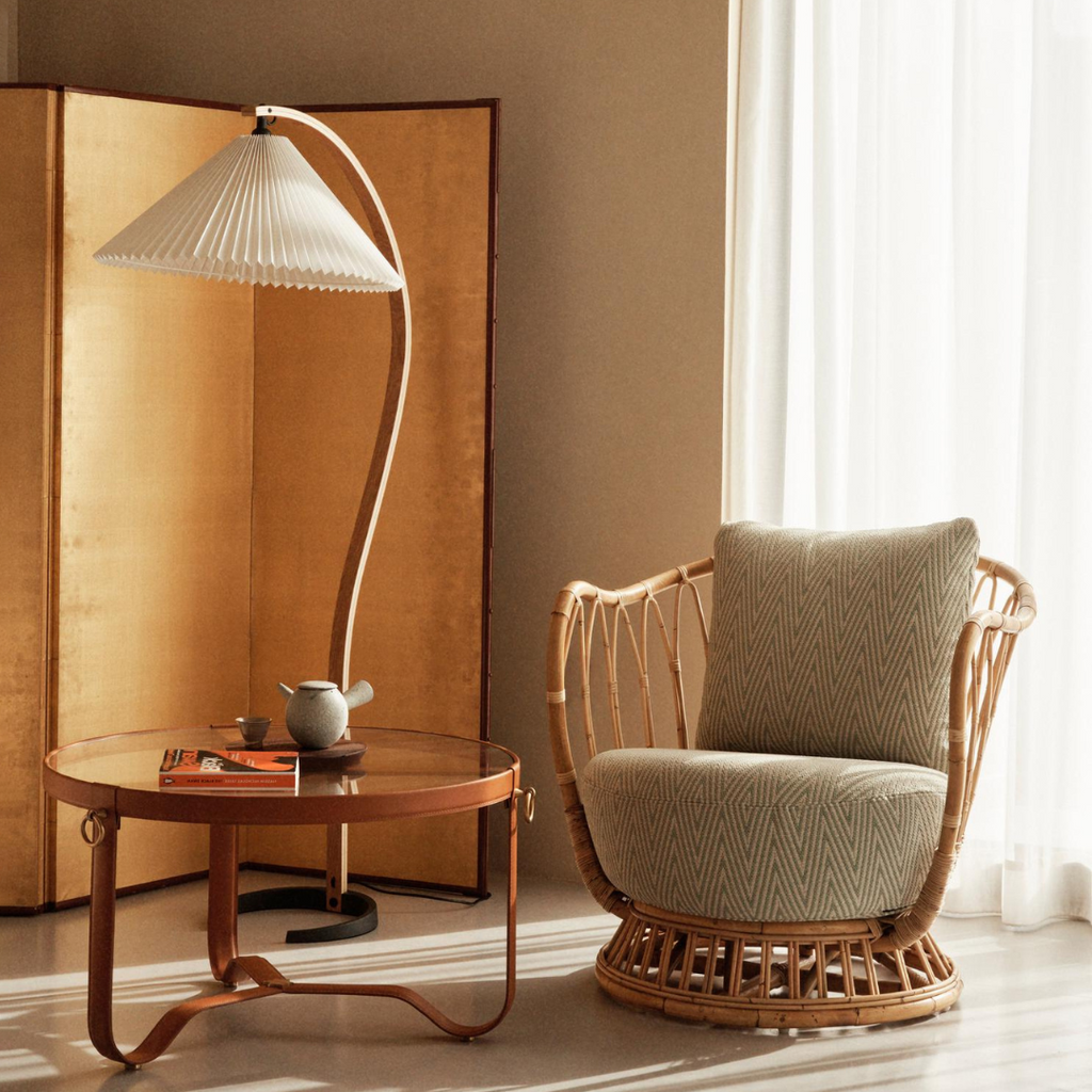 Lampadaire moderne Etan en Métal, Lin Hêtre bois et café