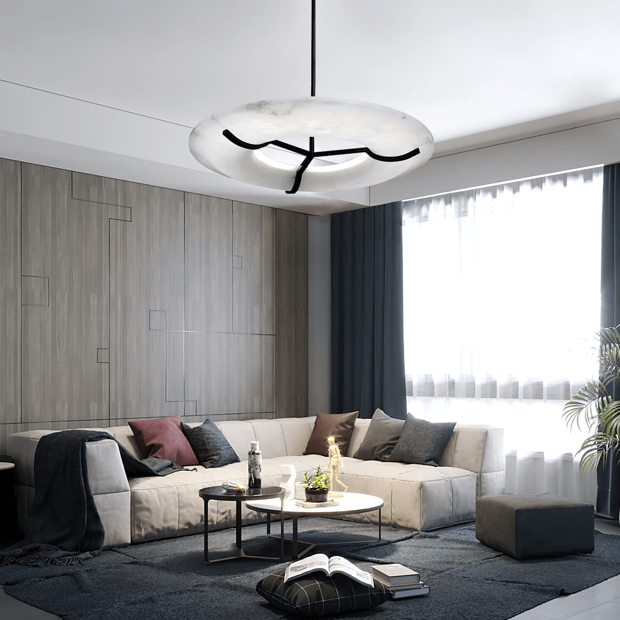 Suspension moderne Lance en Albâtre Noir et blanc