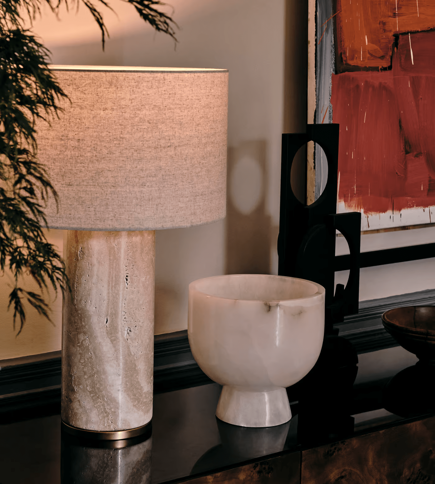 Lampe à poser moderne Hob en pierre, Marbre Rouge travertin et beige