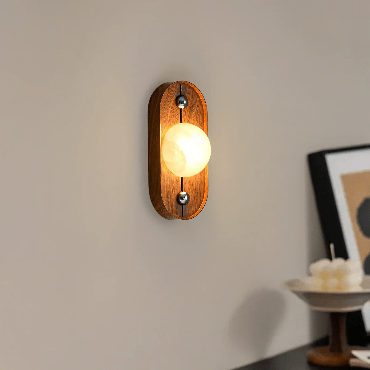 Applique murale moderne Hallfred en Albâtre Noyer bois et blanc