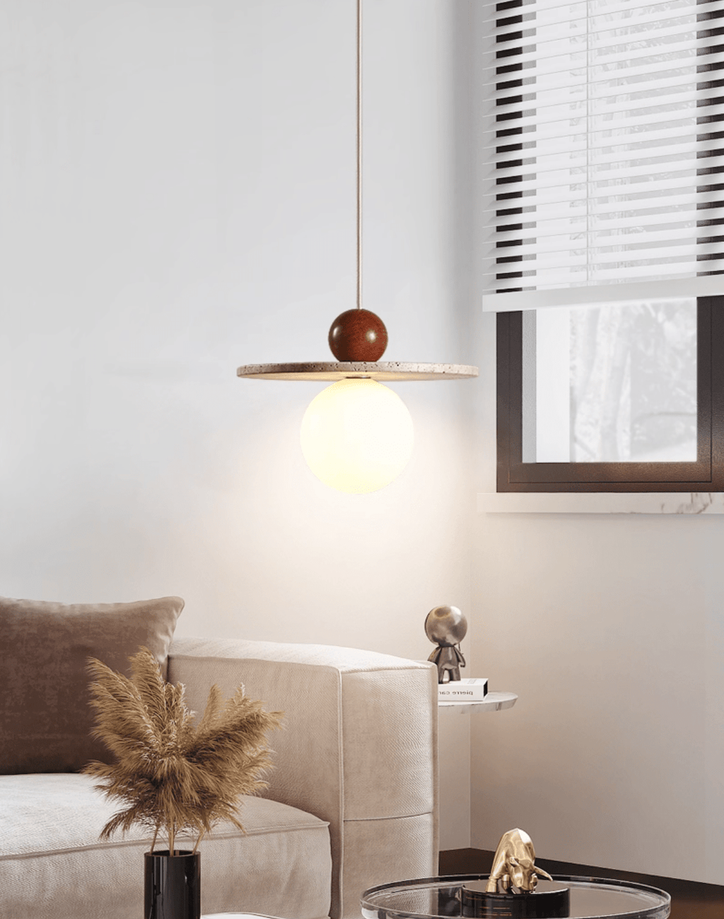 Suspension moderne Hjalmar en Travertin jaune et rouge bois
