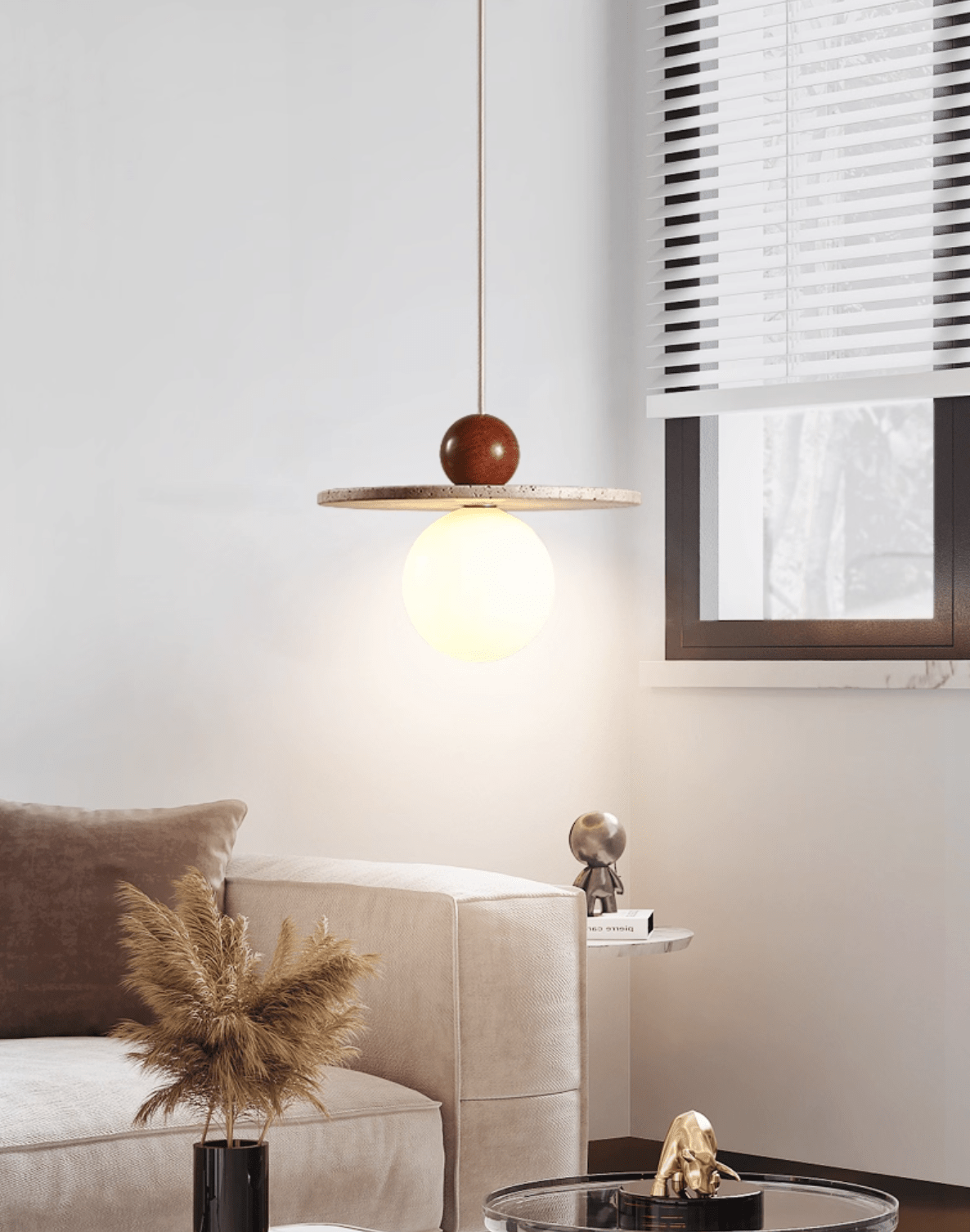 Suspension moderne Hjalmar en Travertin jaune et rouge bois