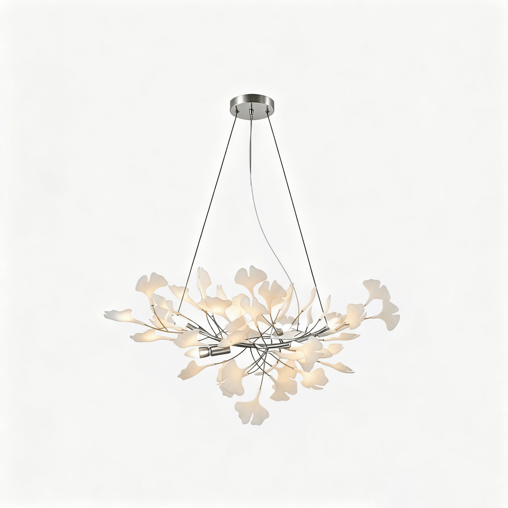 Lustre moderne Heimir en Métal Nickel corps et blanc feuilles