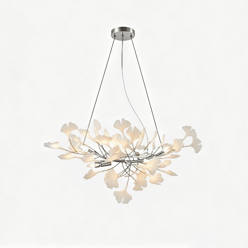 Lustre moderne Heimir en Métal Nickel corps et blanc feuilles