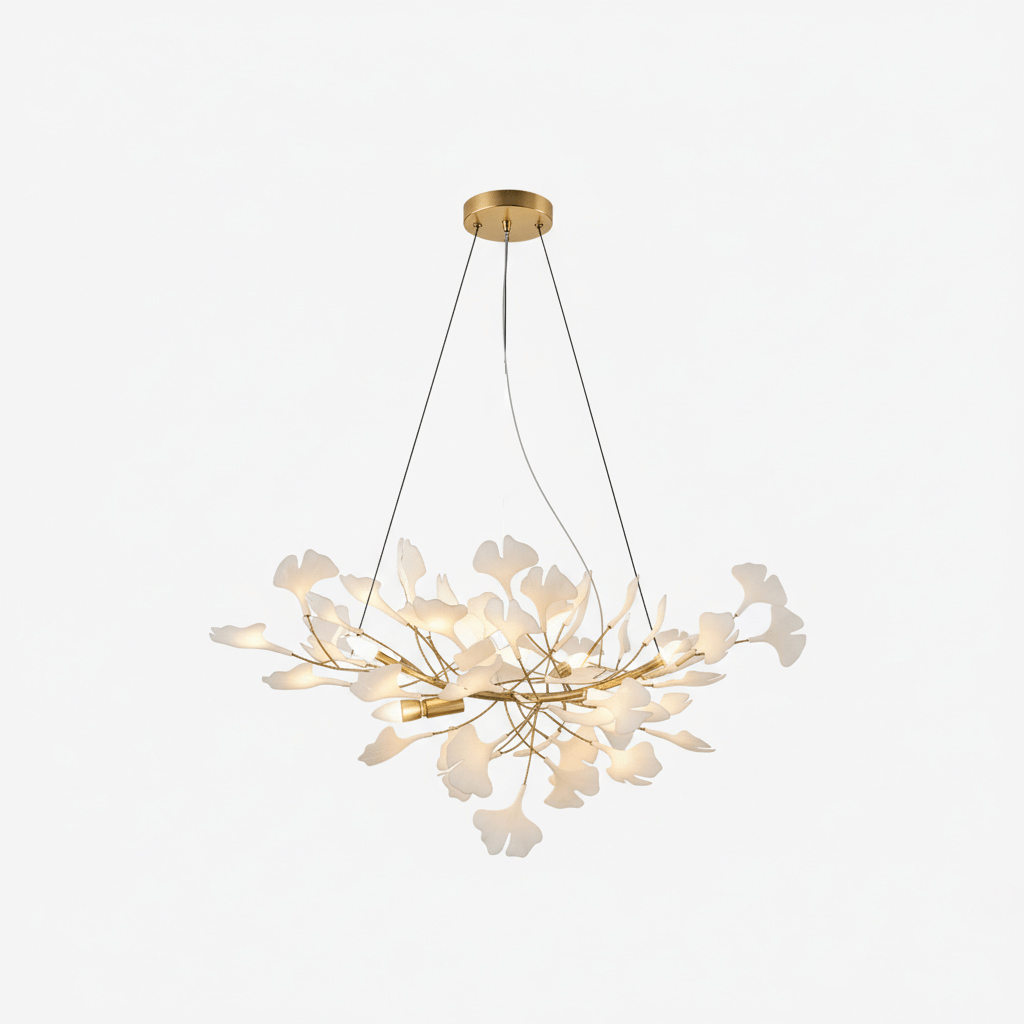 Lustre moderne Heimir en Métal Doré corps et blanc feuilles