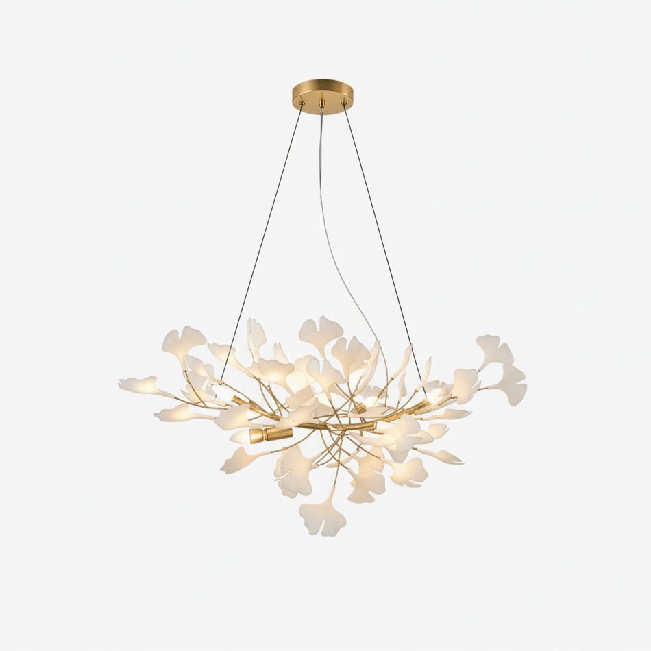 Lustre moderne Heimir en Métal Doré corps et blanc feuilles