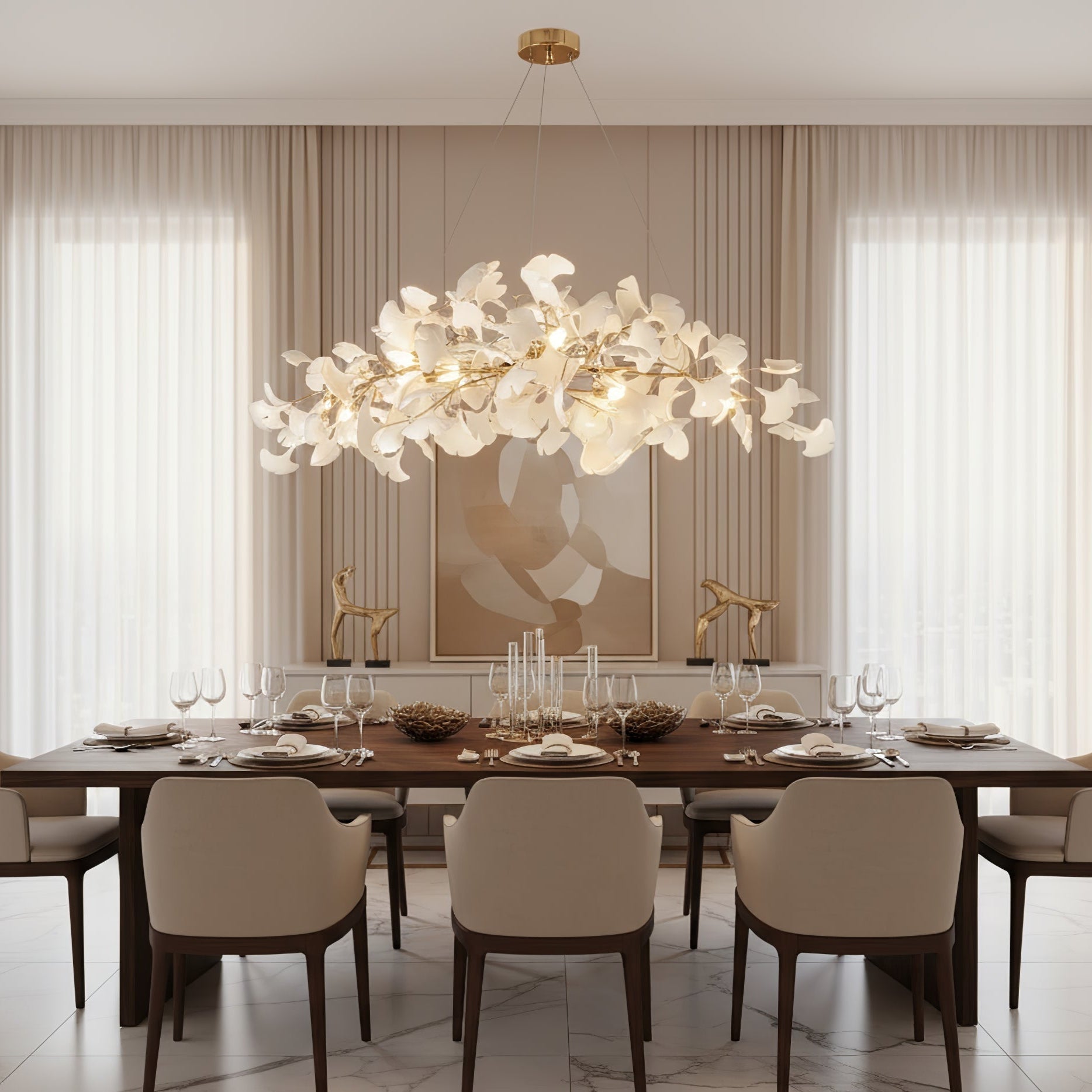 Lustre moderne Flemming en Métal Blanc corps et blanc feuilles