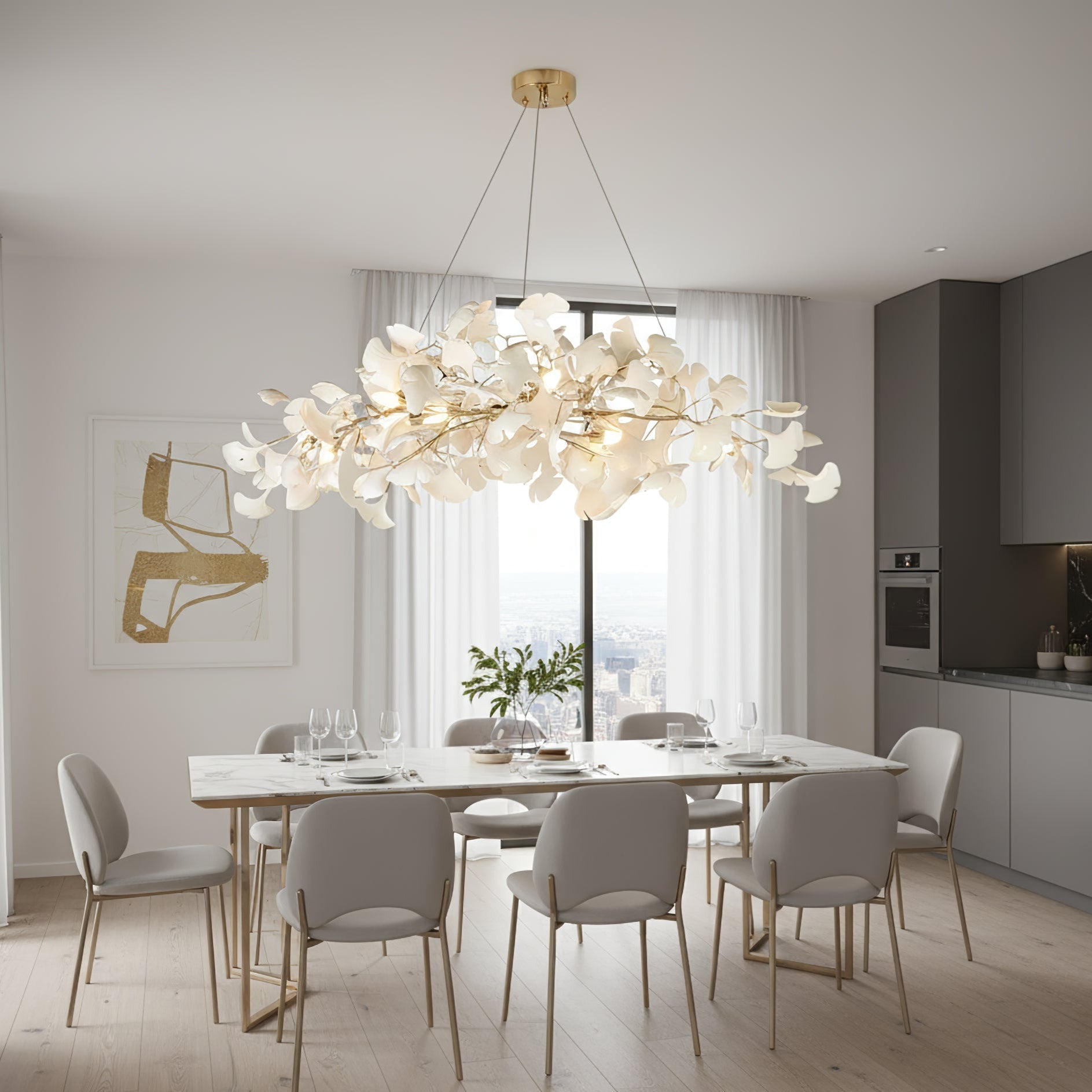 Lustre moderne Flemming en Métal Blanc corps et blanc feuilles