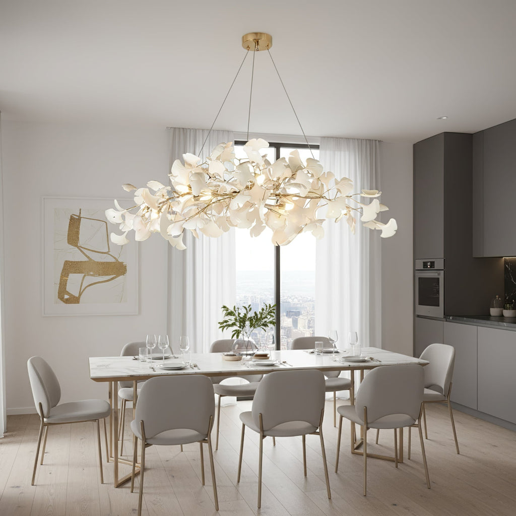 Lustre moderne Flemming en Métal Doré corps et blanc feuilles