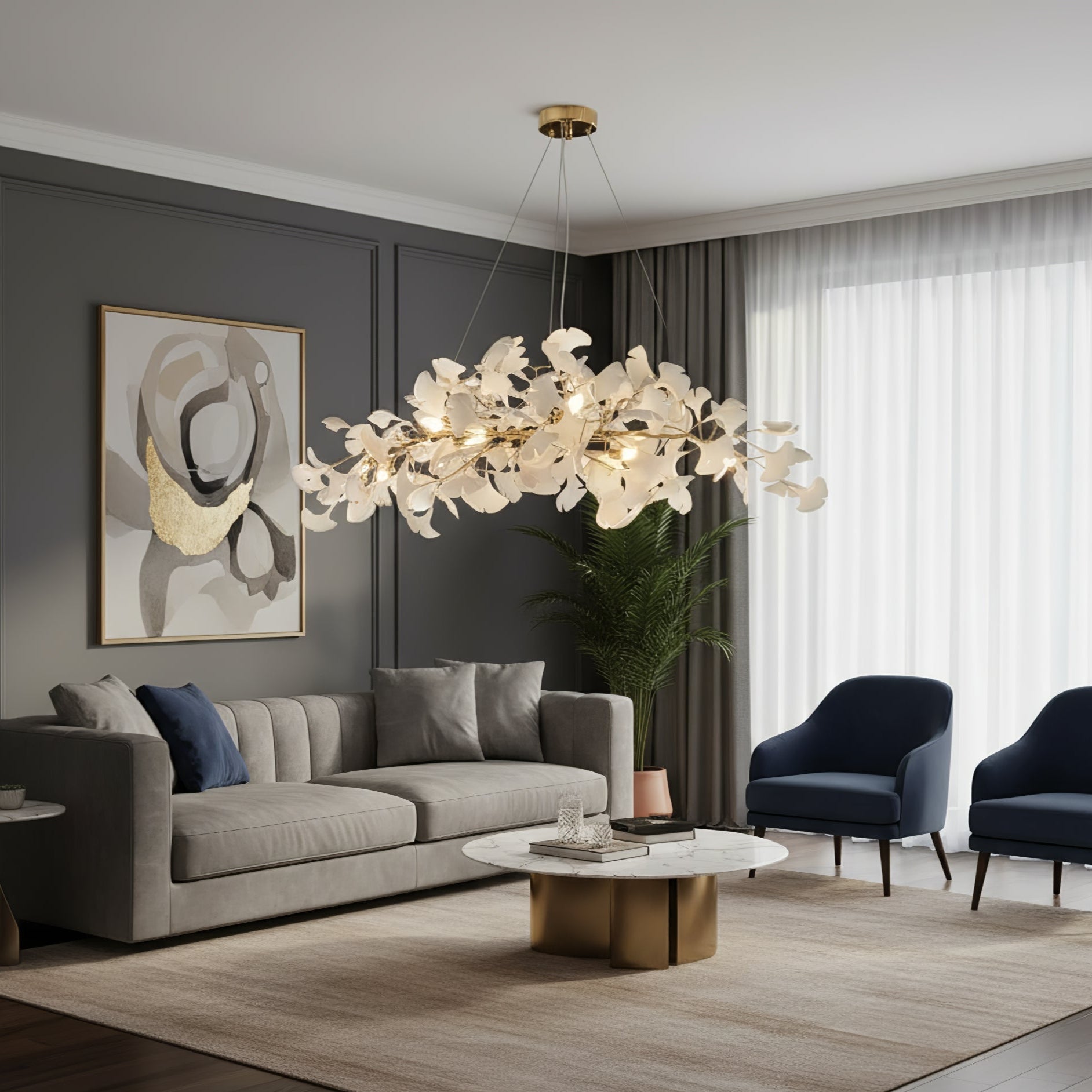 Lustre moderne Flemming en Métal Blanc corps et blanc feuilles