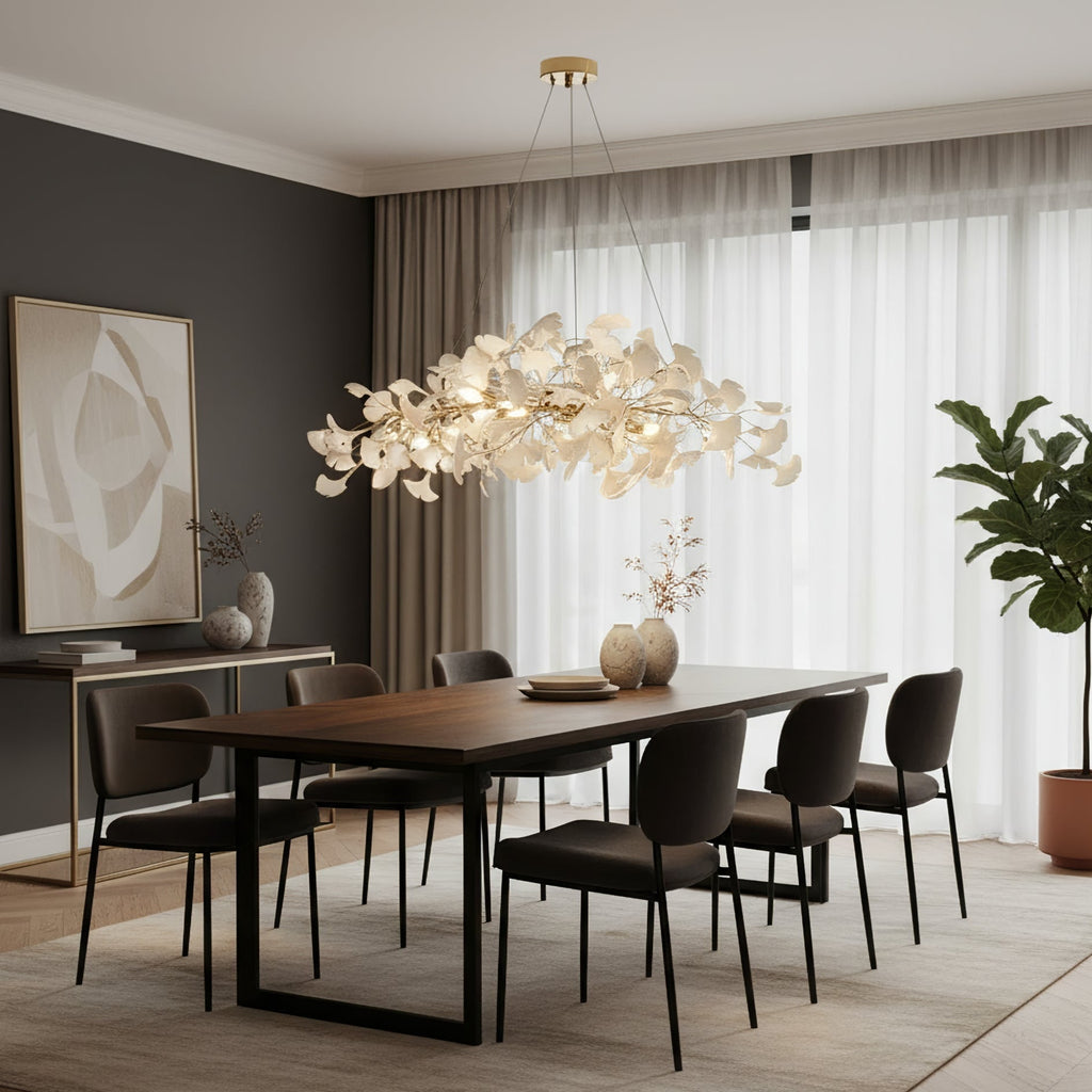 Lustre moderne Flemming en Métal Nickel corps et blanc feuilles