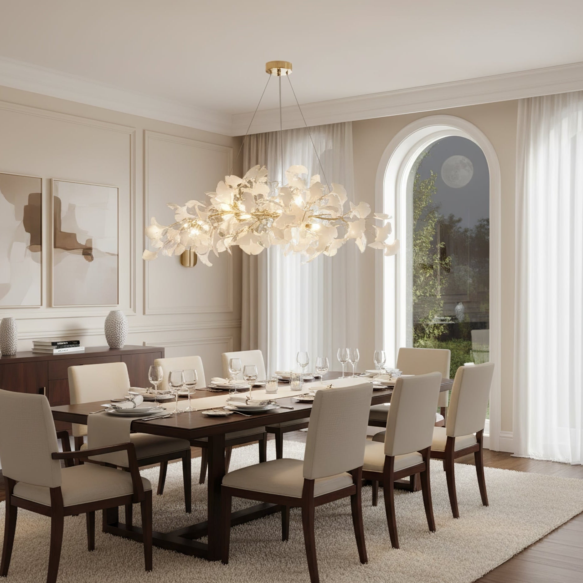 Lustre moderne Flemming en Métal Blanc corps et blanc feuilles