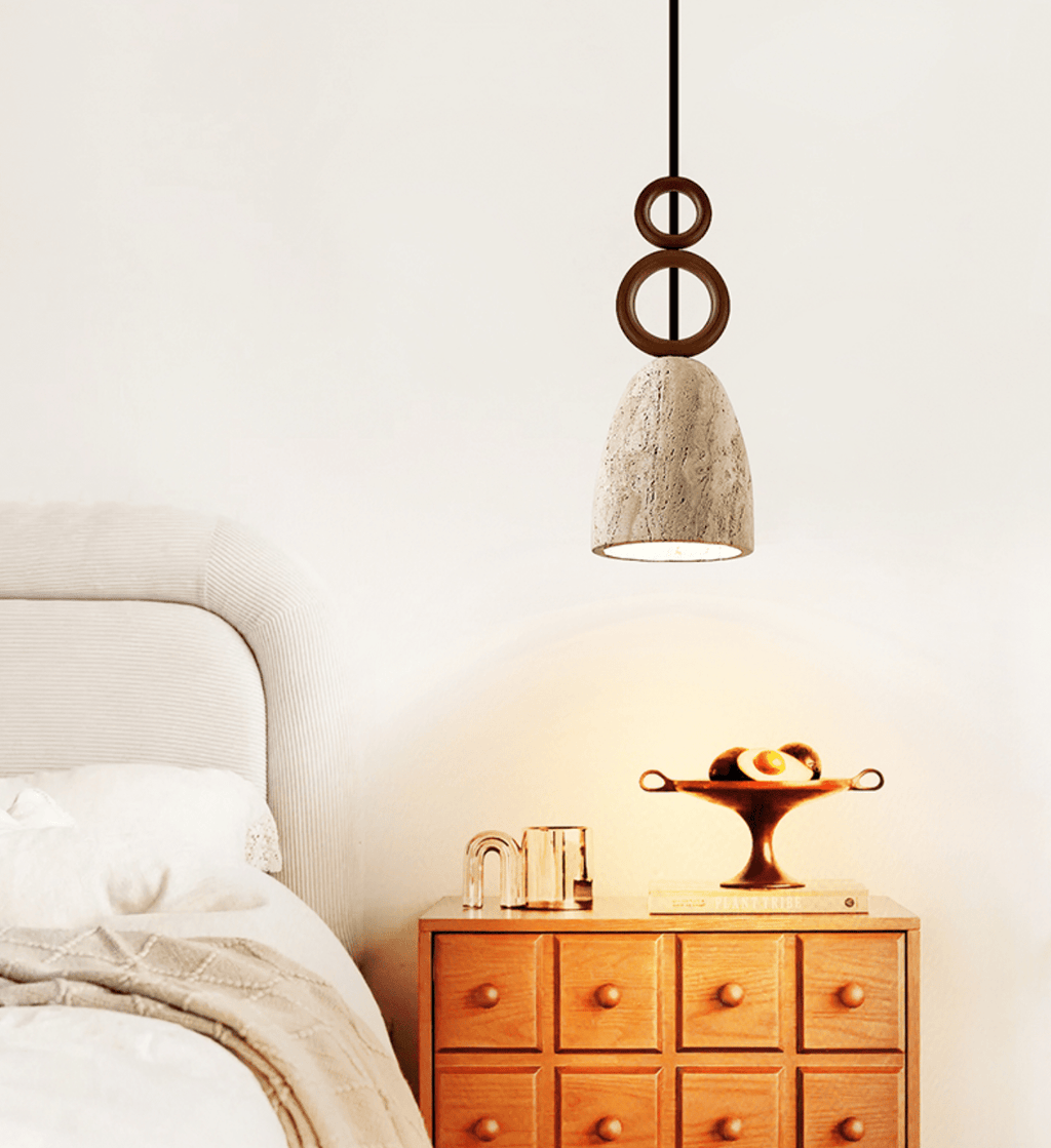 Suspension moderne Carter en pierre Travertin jaune et noyer