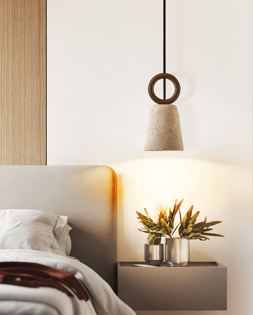 Suspension moderne Ansel en pierre Travertin jaune et noyer