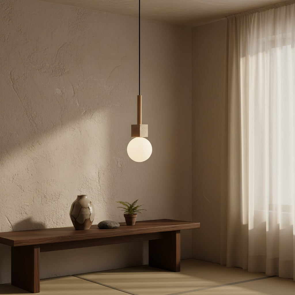 Suspension moderne Hugi en Travertin jaune et bois