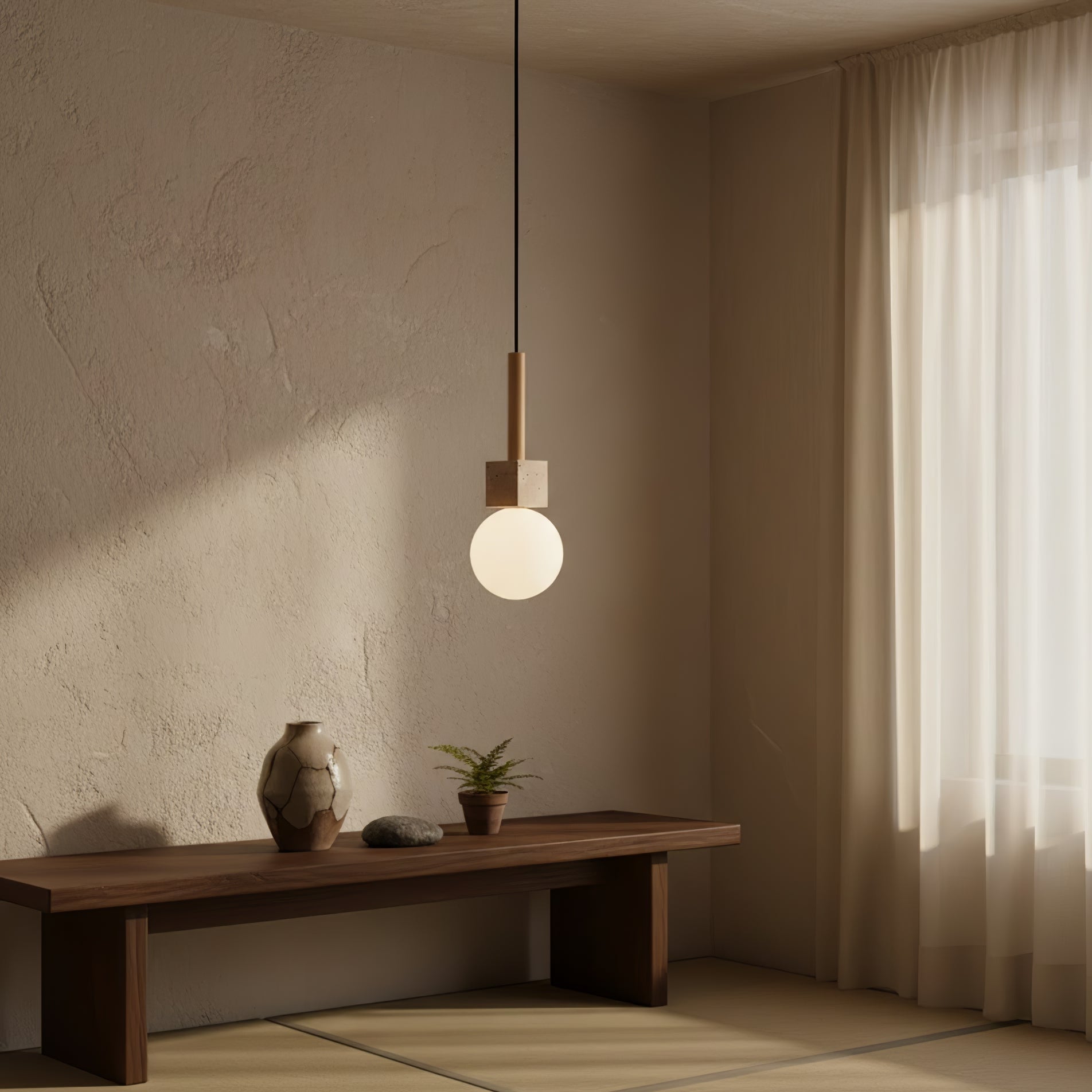 Suspension moderne Hugi en Travertin jaune et bois