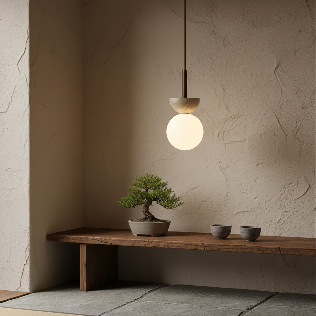 Suspension moderne Dacre en Noyer et travertin jaune
