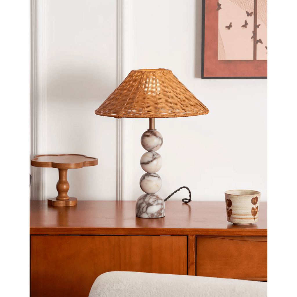 Lampe à poser moderne Eyvindur en Blanc et noir marbre et Rotin naturel
