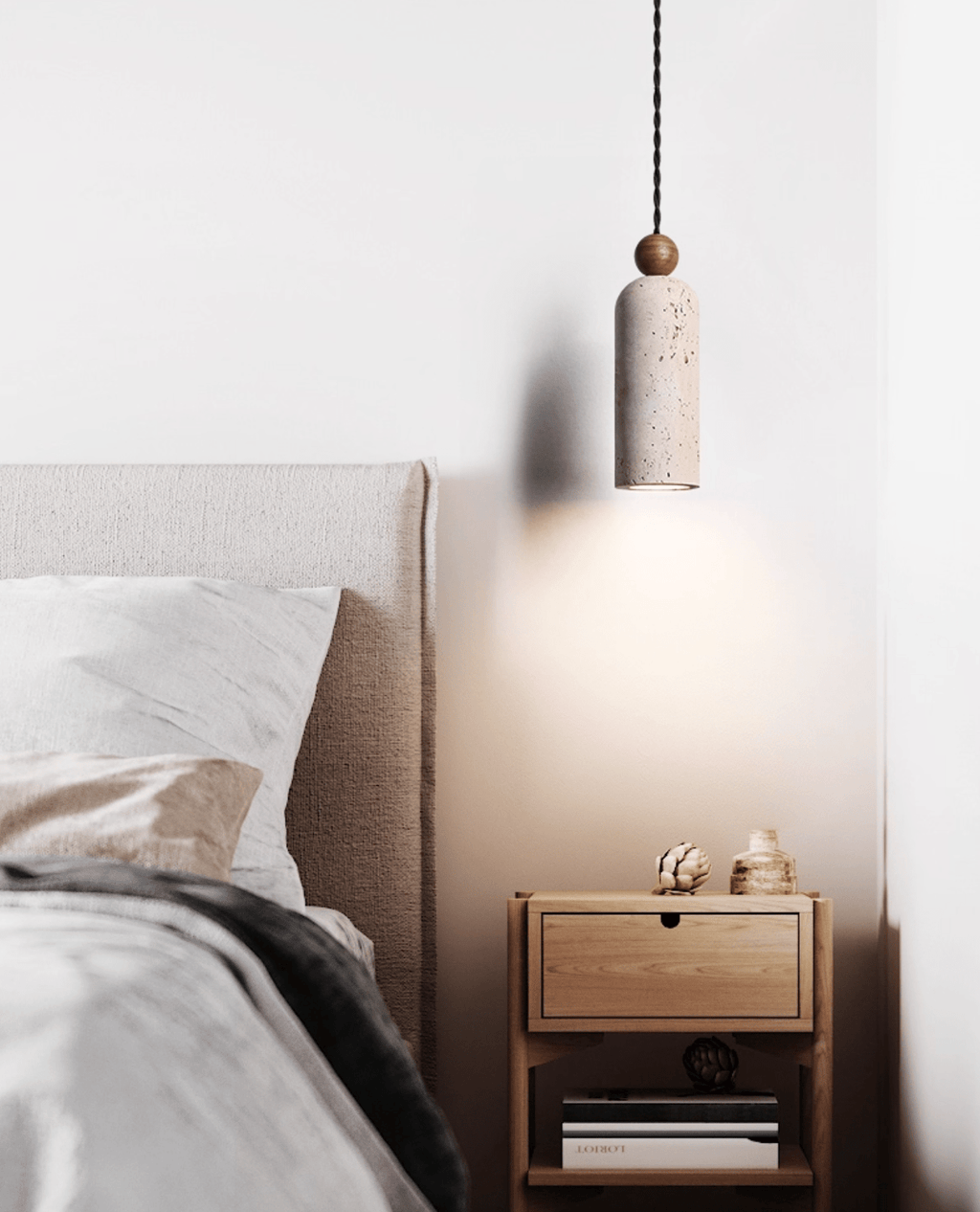 Suspension moderne Galt en bois Travertin jaune et noyer