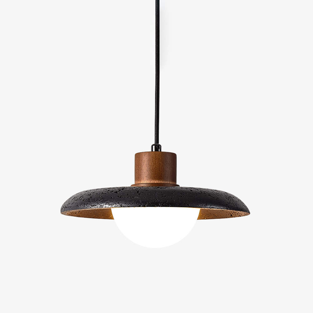 Suspension moderne Ewing en pierre Noir travertin et noyer