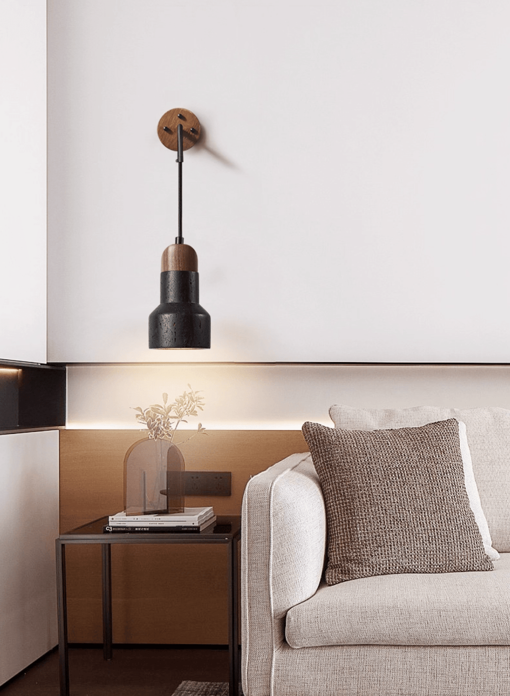 Applique murale moderne Baste en Noir travertin et noyer bois