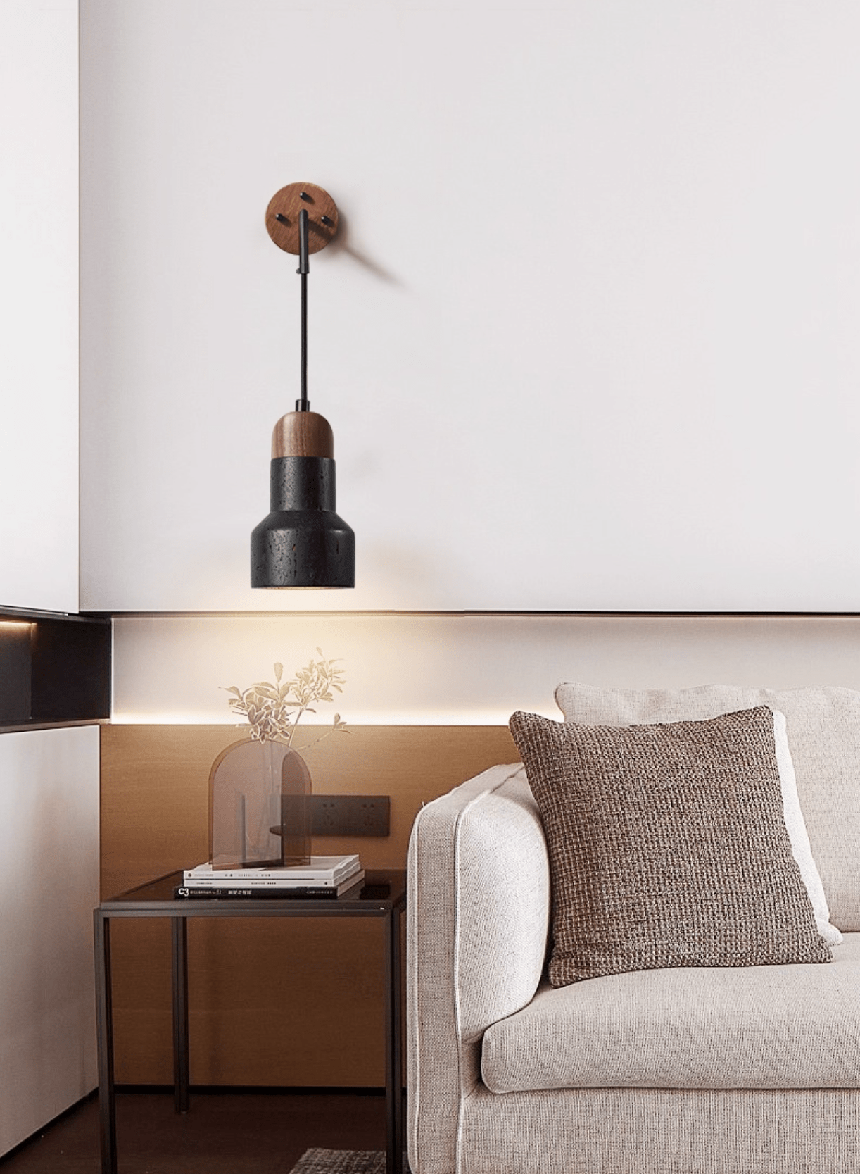 Applique murale moderne Baste en Noir travertin et noyer bois