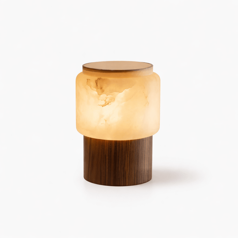 Lampe à poser moderne Hagbart en Albâtre Noyer bois et blanc
