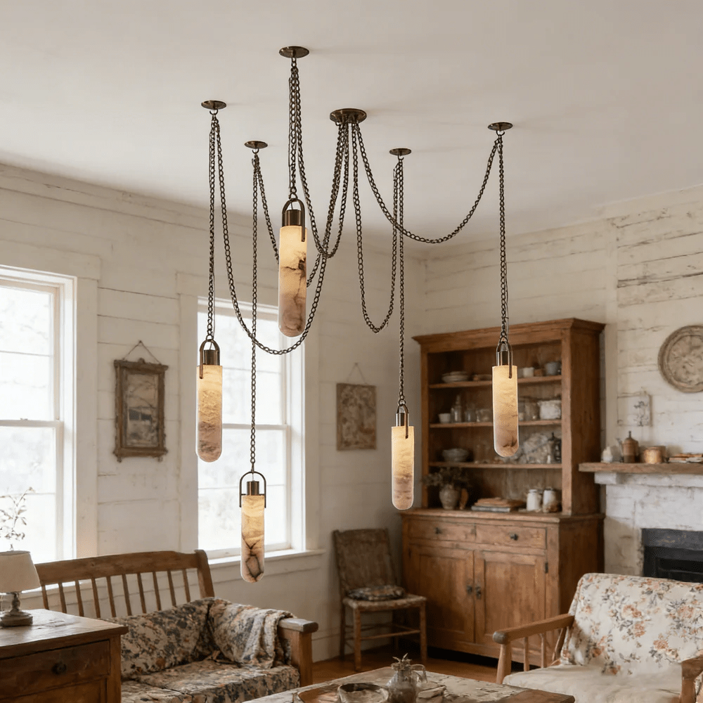 Lustre moderne Tael en Albâtre Laiton ancien et blanc