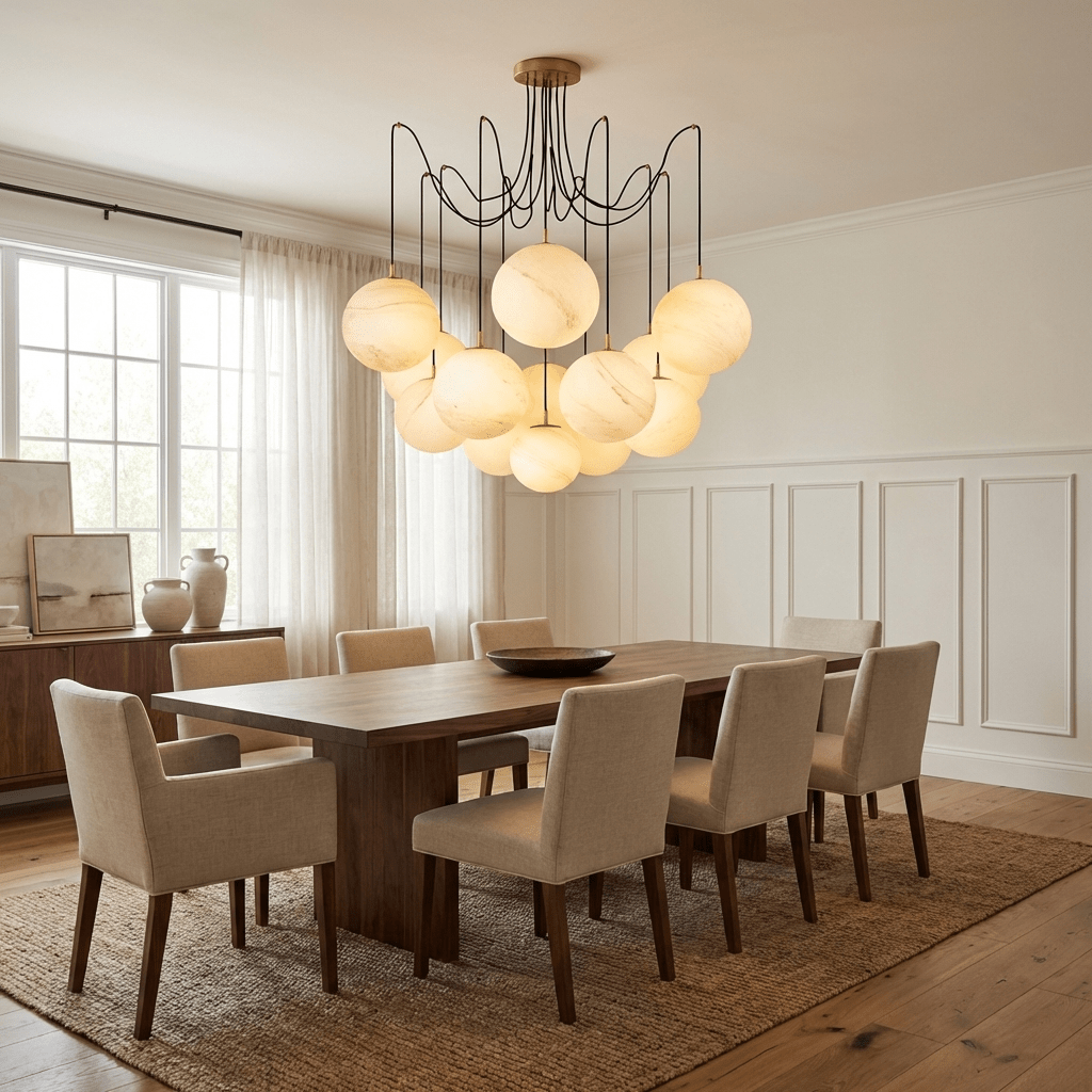 Lustre moderne Otis en Albâtre Or et blanc