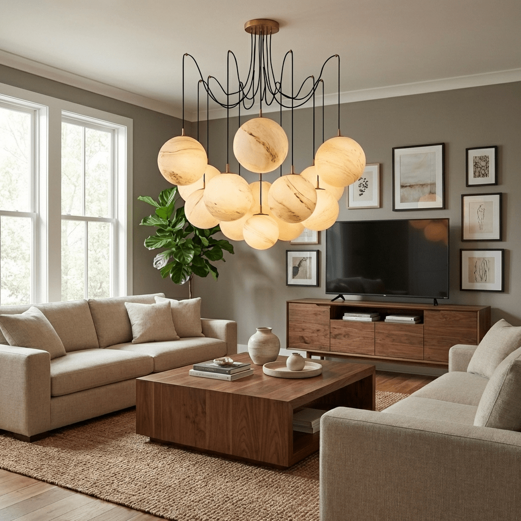 Lustre moderne Otis en Albâtre Or et blanc