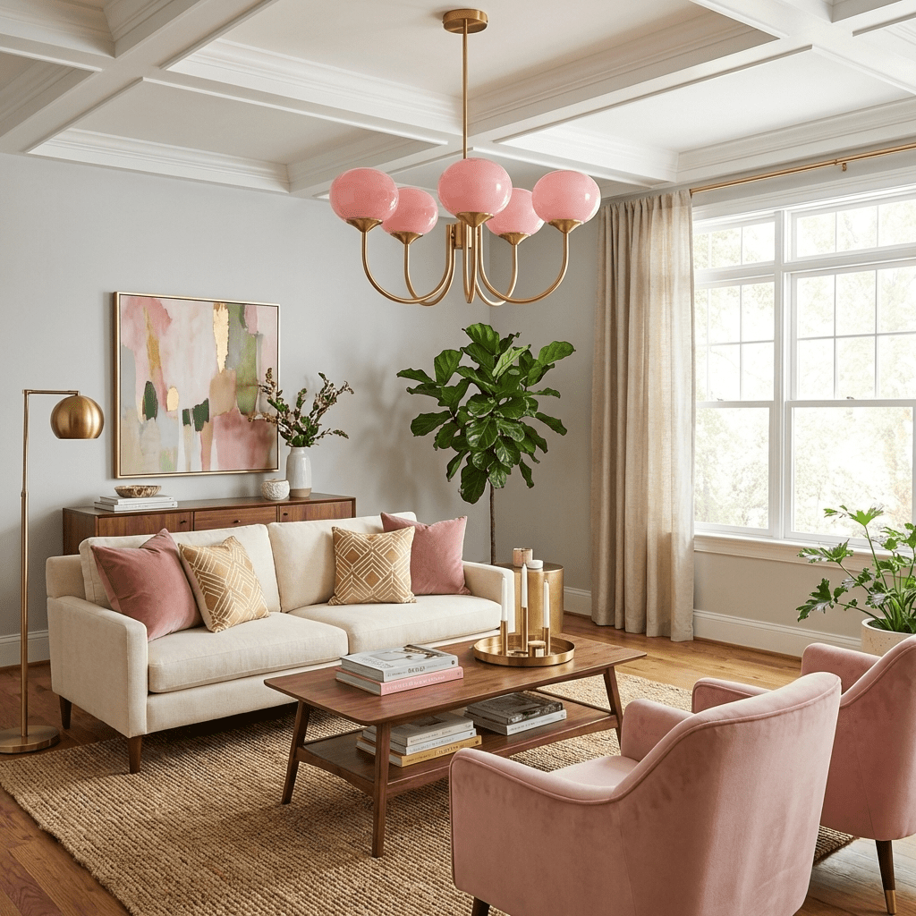 Lustre moderne Jonas en Fer, Métal, Verre Chrome et rose