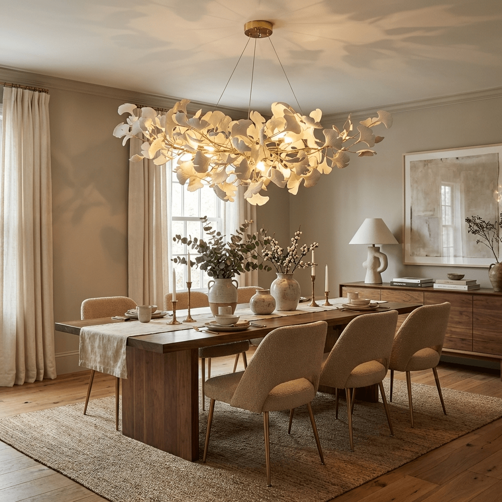 Lustre moderne Heimir en Métal Doré corps et blanc feuilles