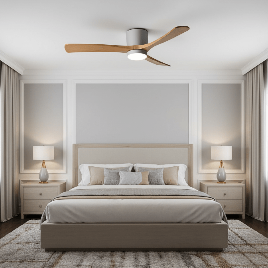 Ventilateur de plafond moderne Tarben en Blanc et bois naturel