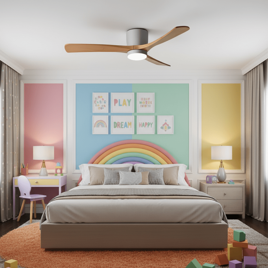 Ventilateur de plafond moderne Tarben en Blanc et bois naturel