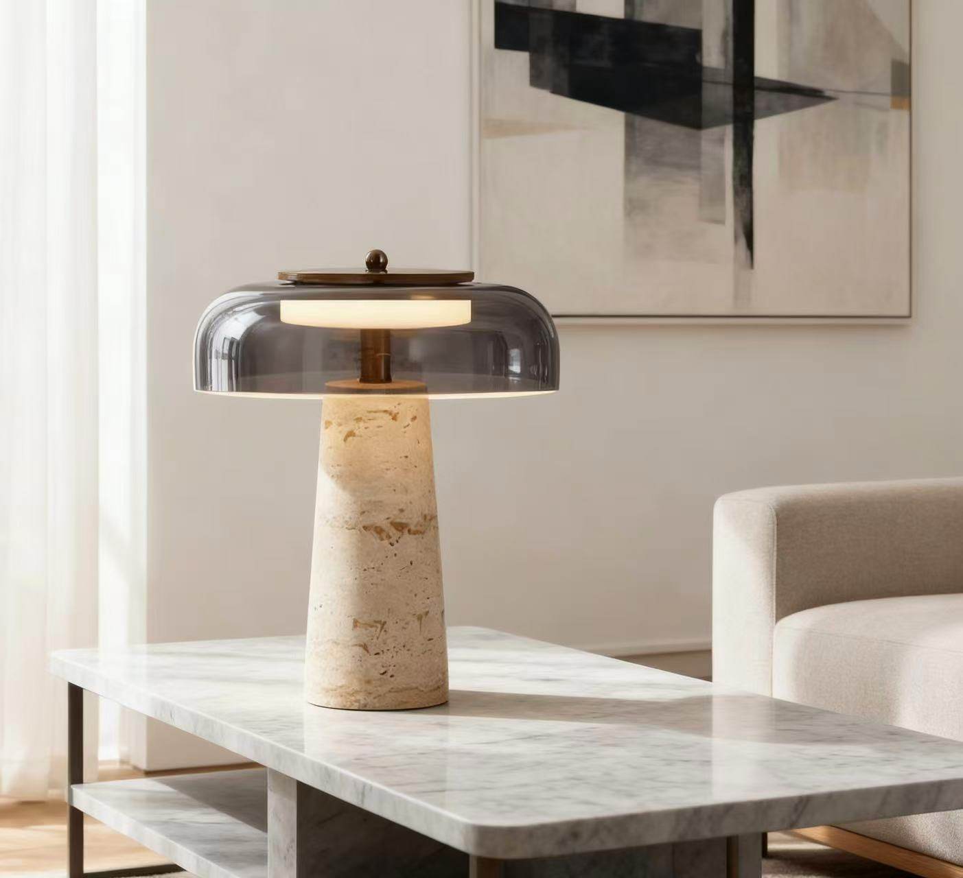 Lampe à poser moderne Kaino en Transparent et travertin jaune