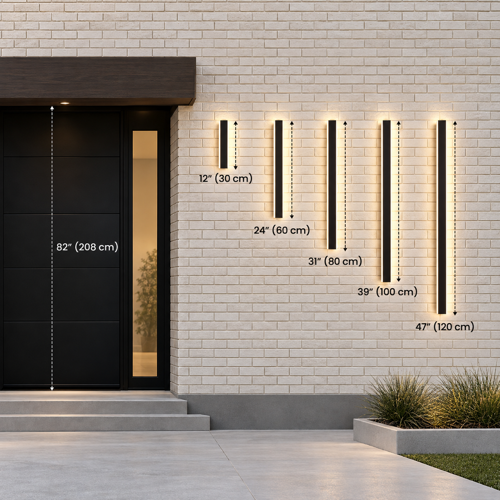 Longueurs 30, 60, 80, 100 et 120 cm de l'applique linéaire comparées à une porte d'entrée de 208 cm