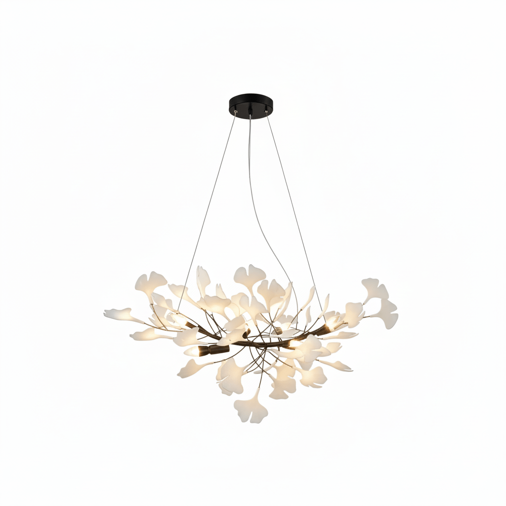Lustre moderne Heimir en Métal Noir corps et blanc feuilles