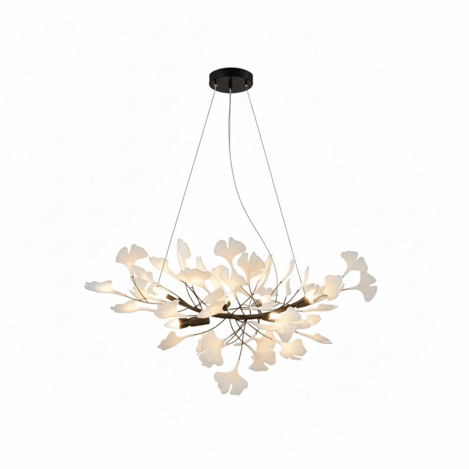 Lustre moderne Heimir en Métal Noir corps et blanc feuilles