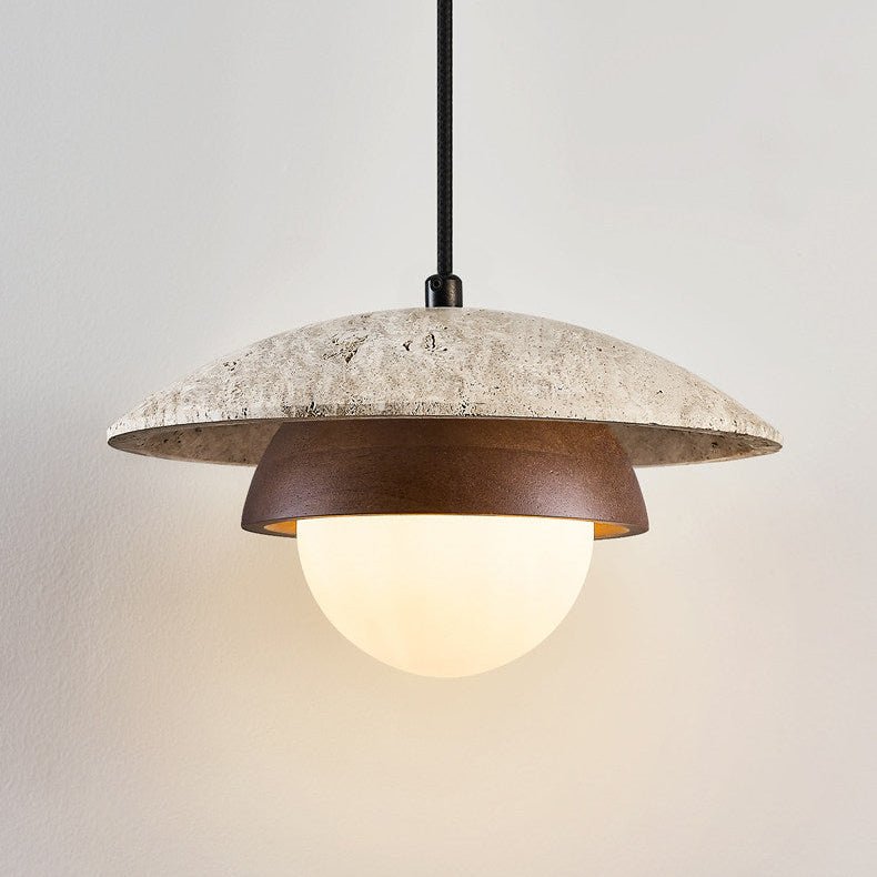 Suspension moderne Albert en Travertin jaune et noyer