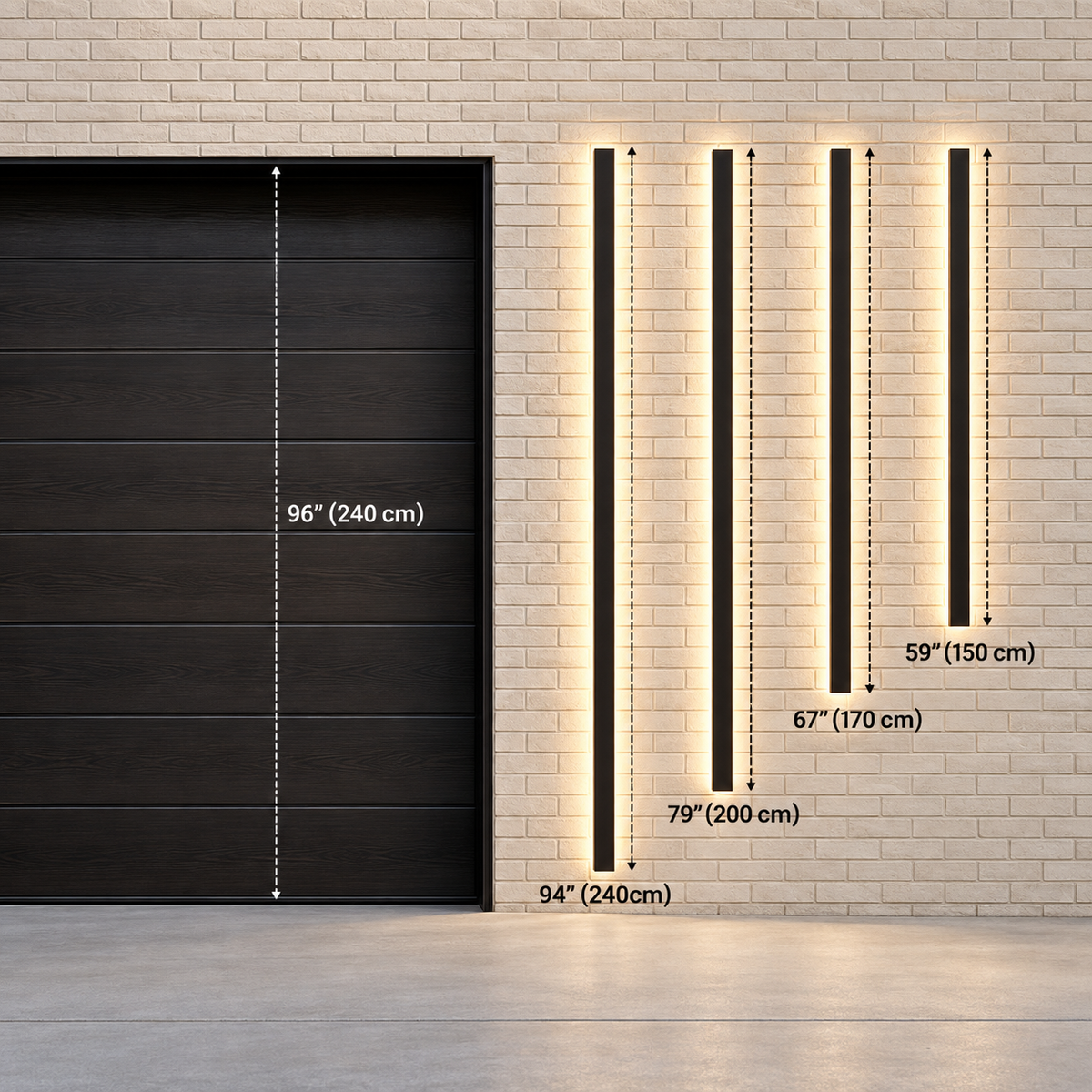 Longueurs 150, 170, 200 et 240 cm de l'applique linéaire comparées à une porte de garage de 240 cm