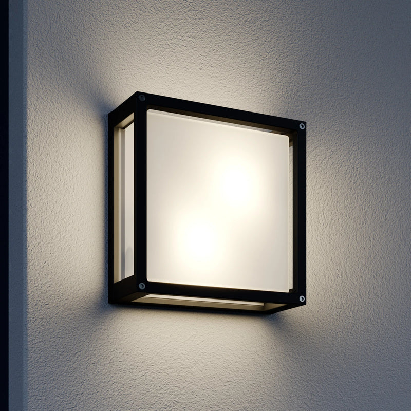 Square Outdoor Wall Light, Dark Gray Aluminum and Glass, E27, IP54