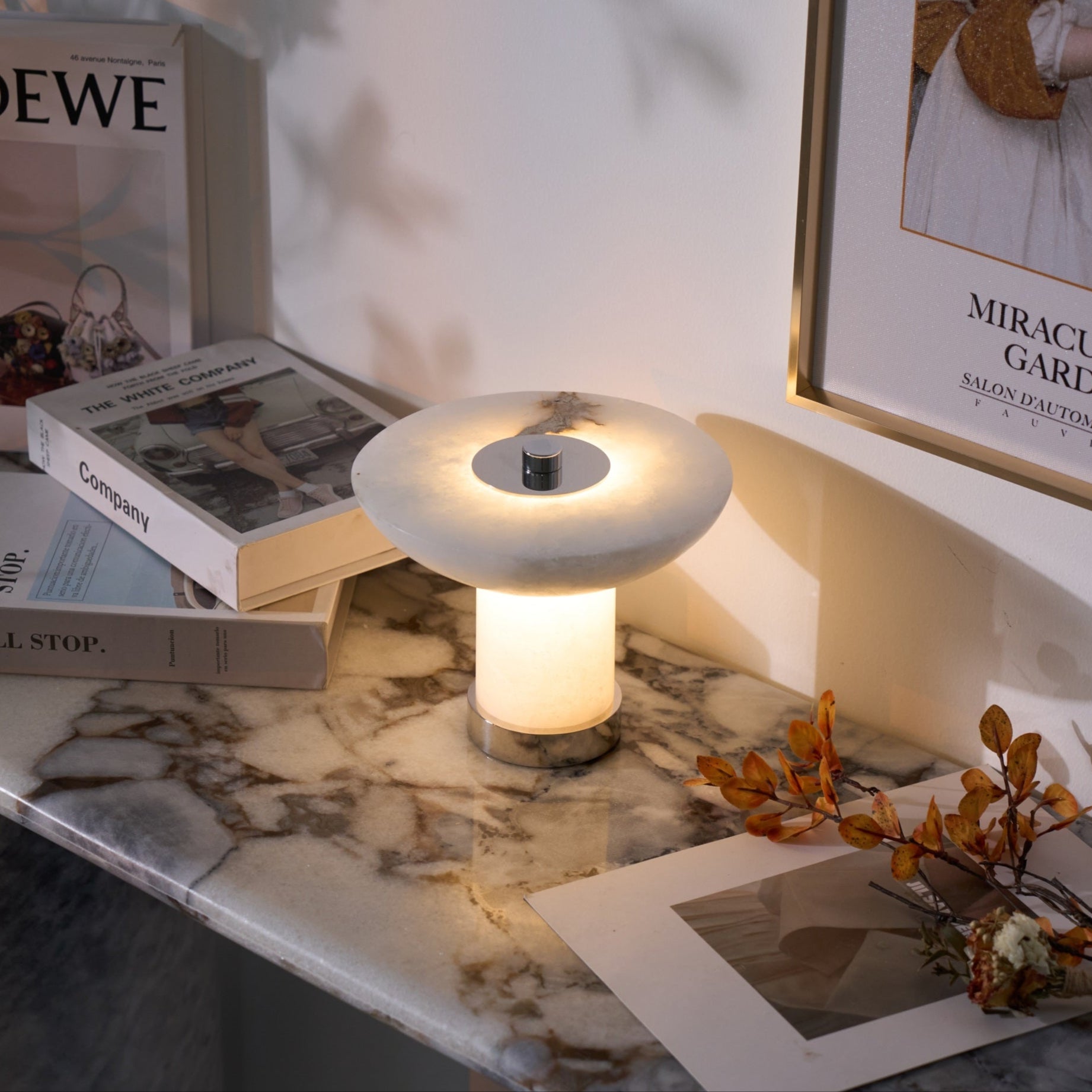 Lampe à poser moderne Ottar en Albâtre Chrome et blanc