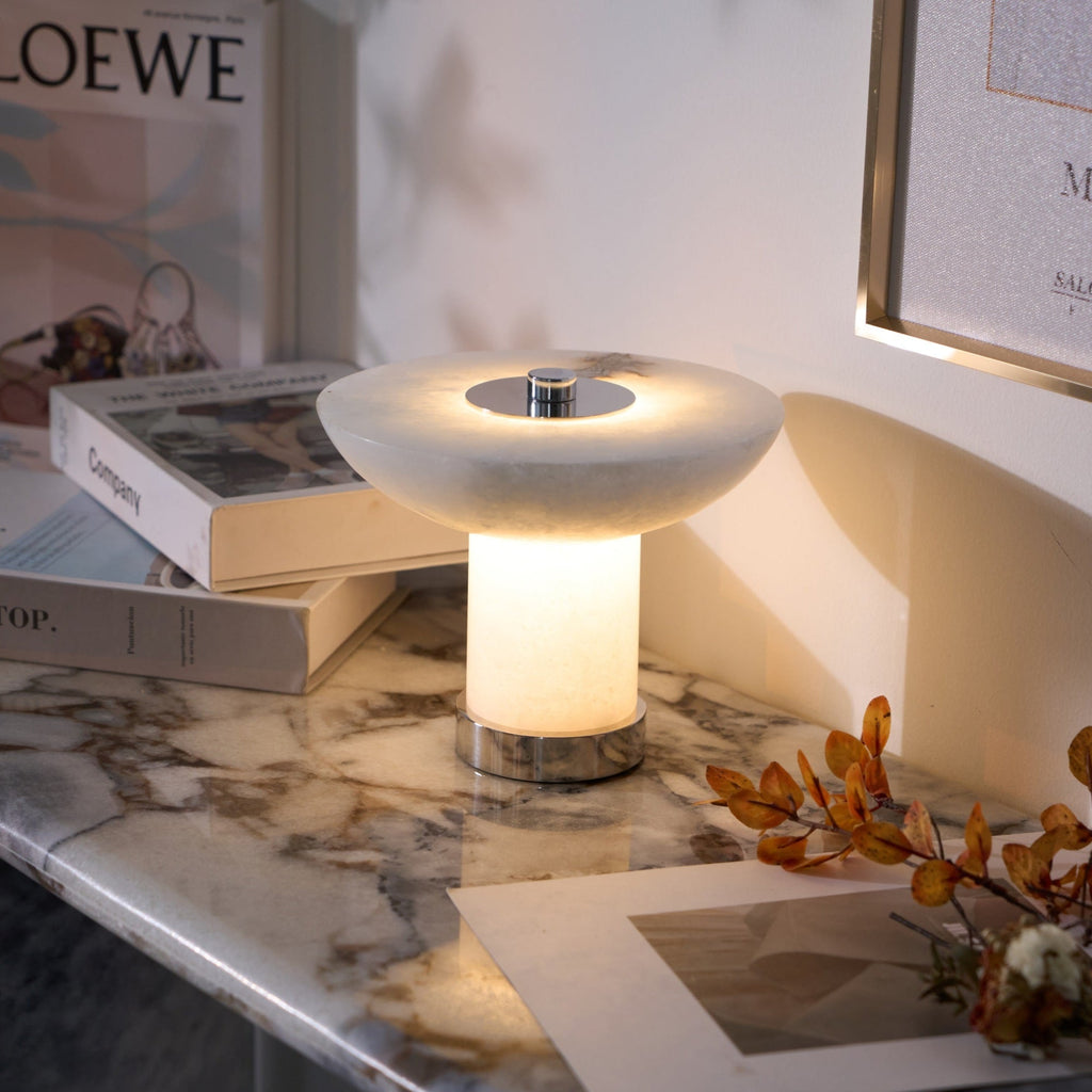 Lampe à poser moderne Ottar en Albâtre Chrome et blanc
