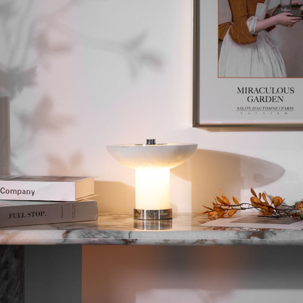 Lampe à poser moderne Ottar en Albâtre Chrome et blanc