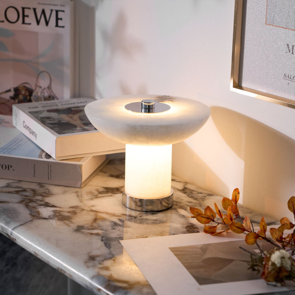 Lampe à poser moderne Ottar en Albâtre Chrome et blanc