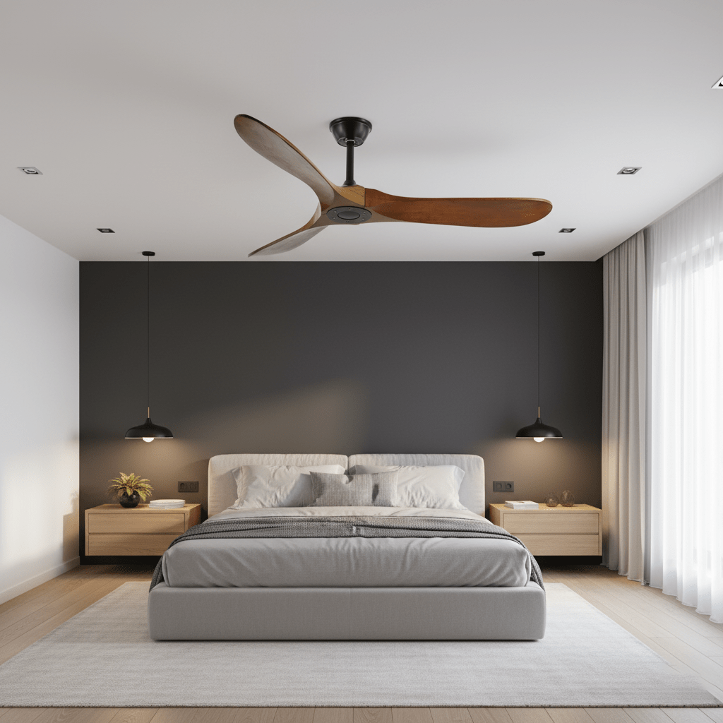 Ventilateur de plafond moderne Toke en Grain bois noyer et noir