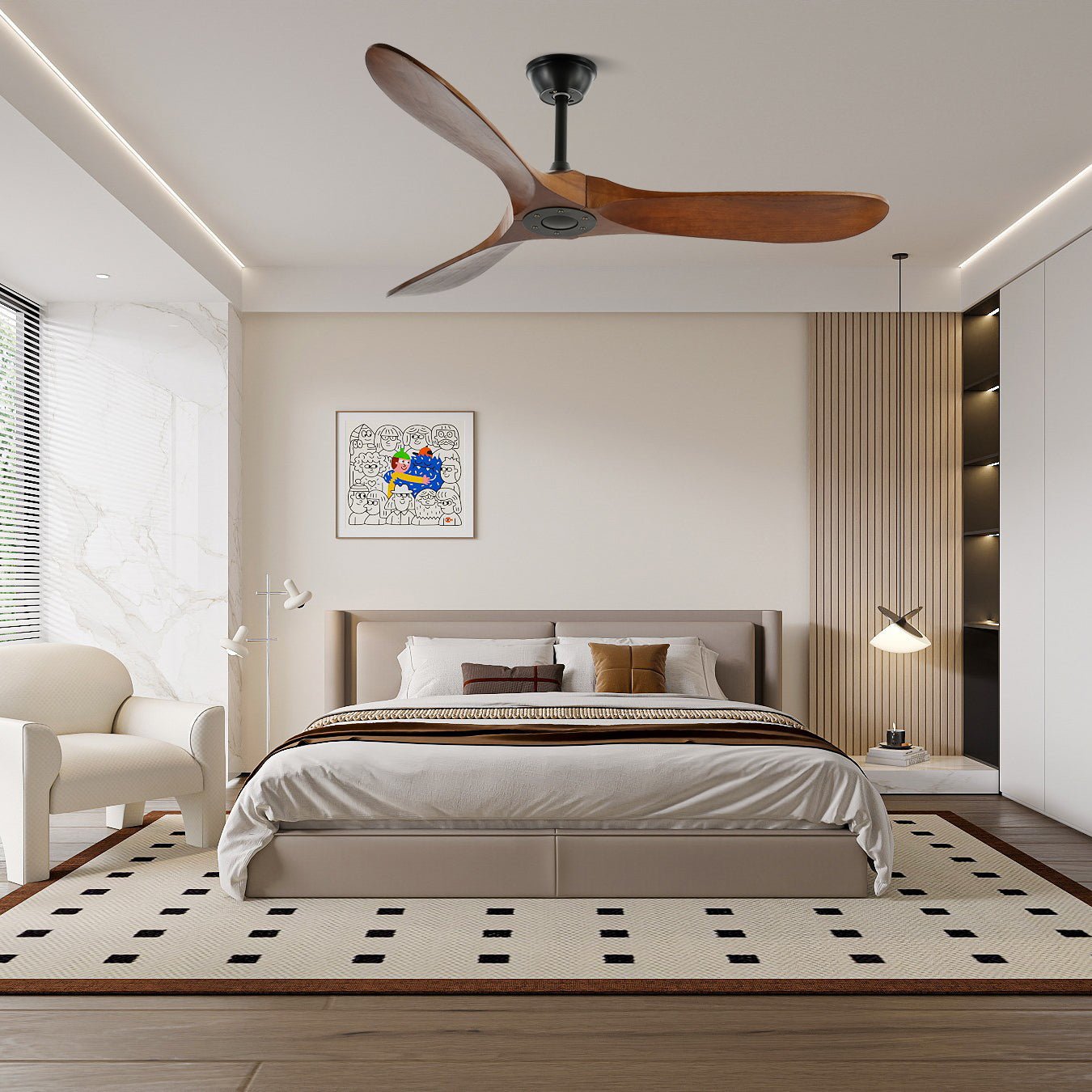 Ventilateur de plafond moderne Toke en Grain bois noyer et noir