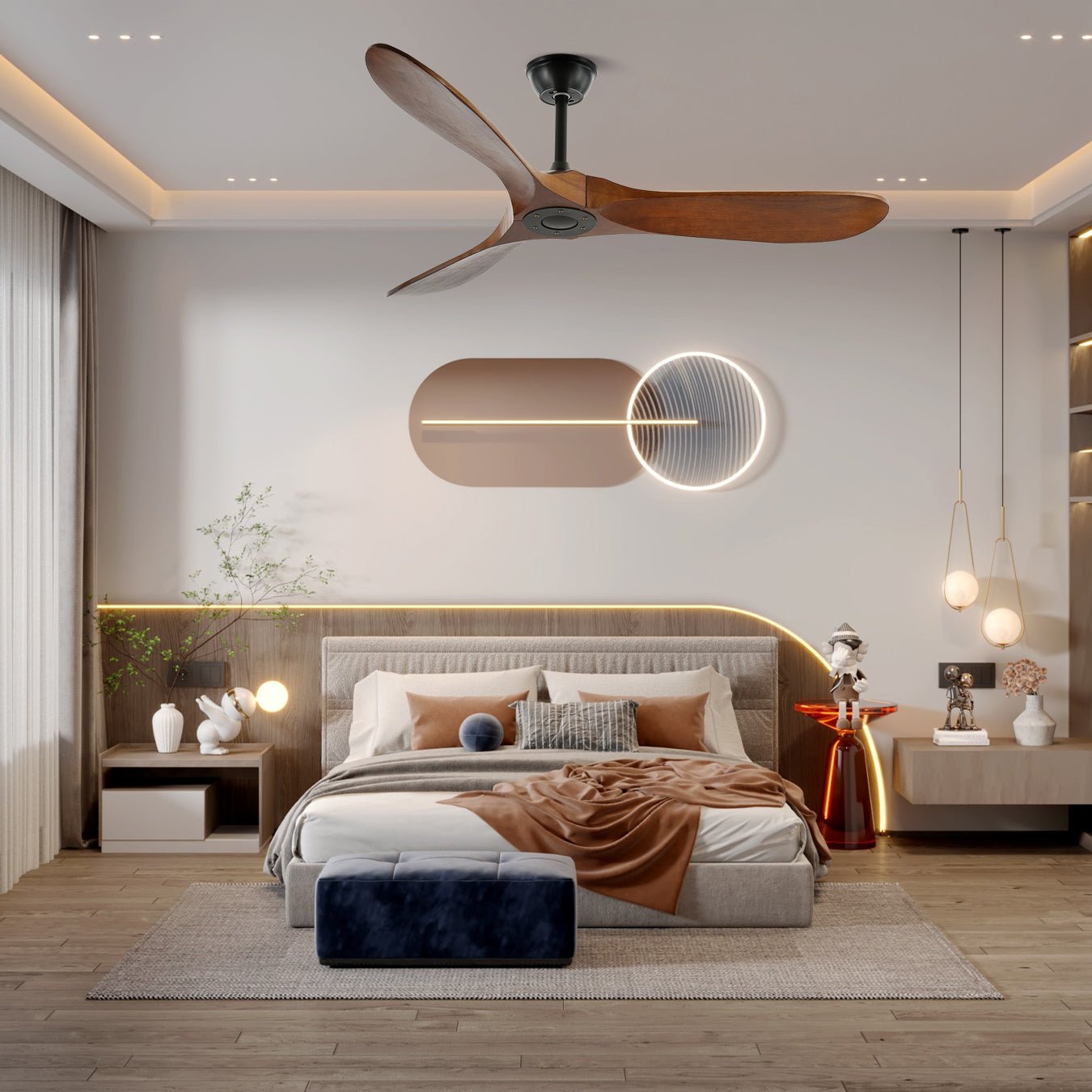 Ventilateur de plafond moderne Toke en Grain bois noyer et noir