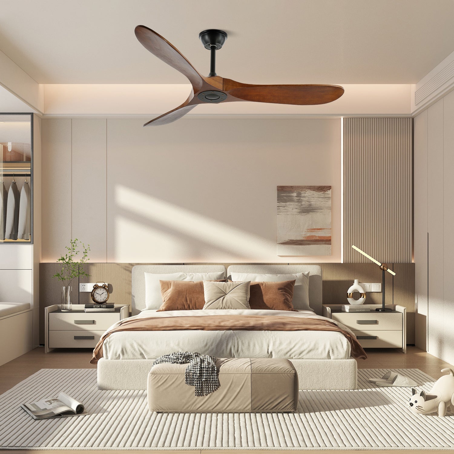 Ventilateur de plafond moderne Toke en Grain bois noyer et noir